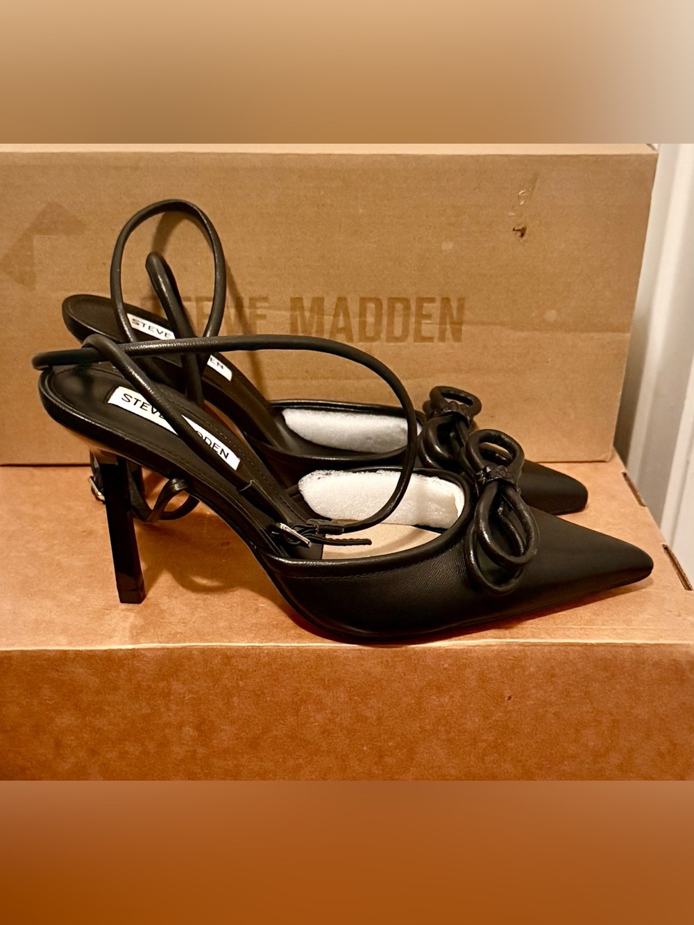 Steve Madden Sherise Black Leather Ankle Wrap Heels | SZ. 7 (NWB)